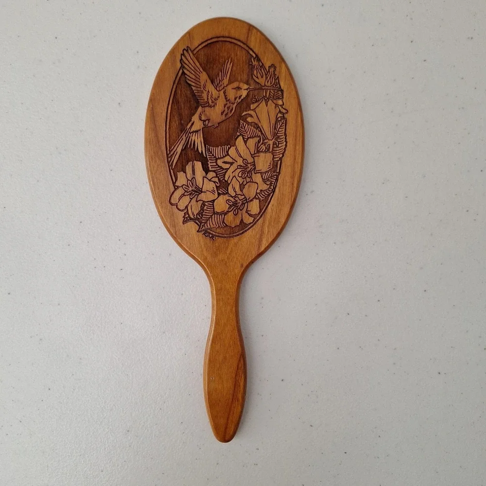 Vintage Bird and Floral Hand Mirrors, Bakelite Wood & Metal, Tallest 11.25